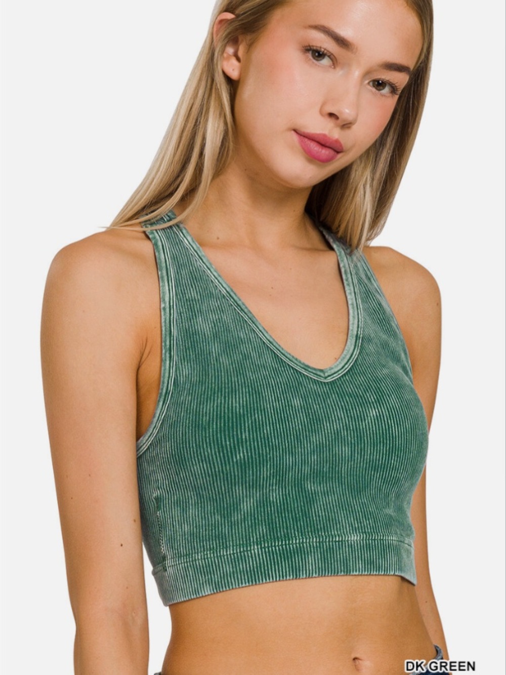 NWT Zenana Ribbed, Cropped Stone Washed V Neck, Padded Tank Top, Dark Green